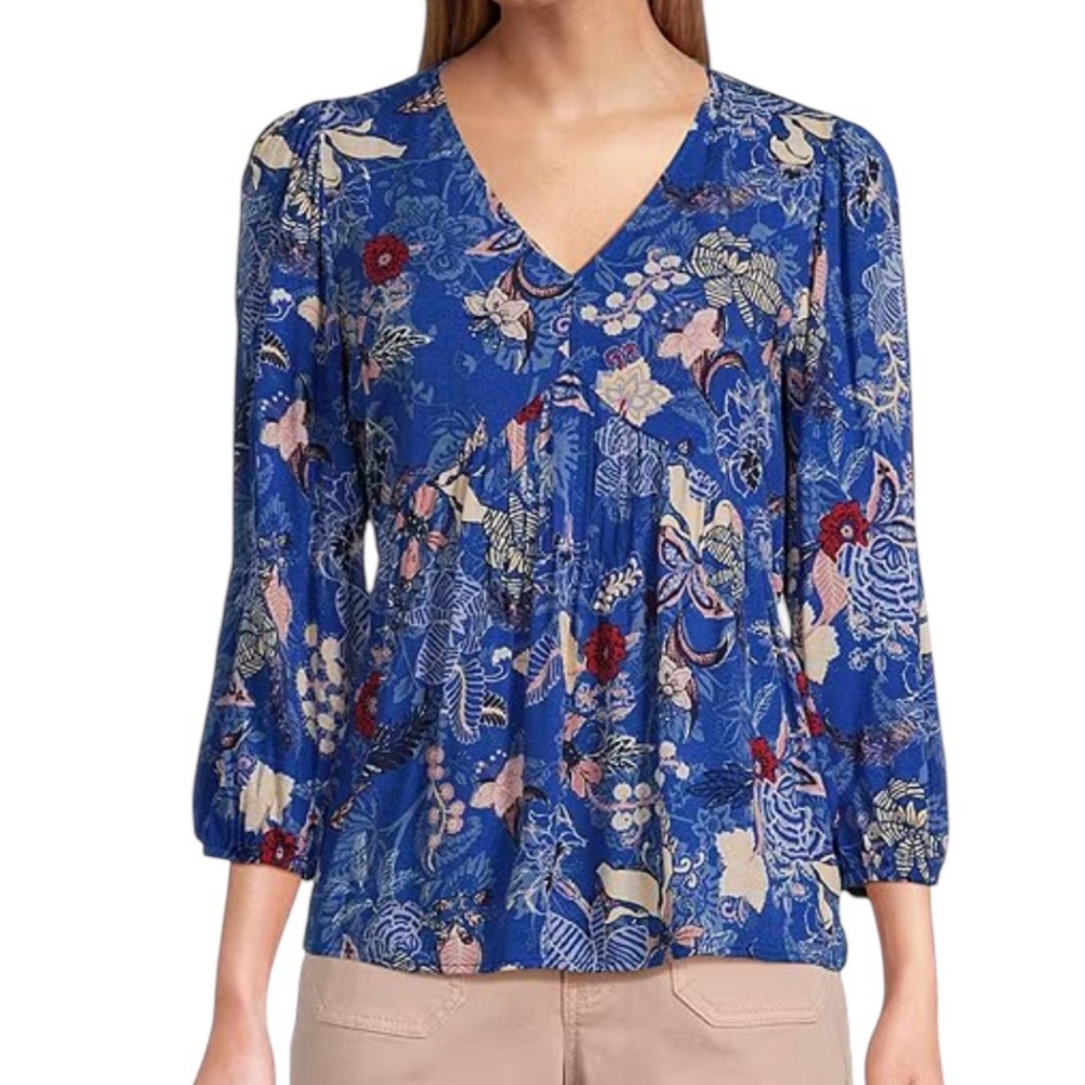 Nurture by Westbound Royal Blue Floral V-Neck Peasant Blouse Large